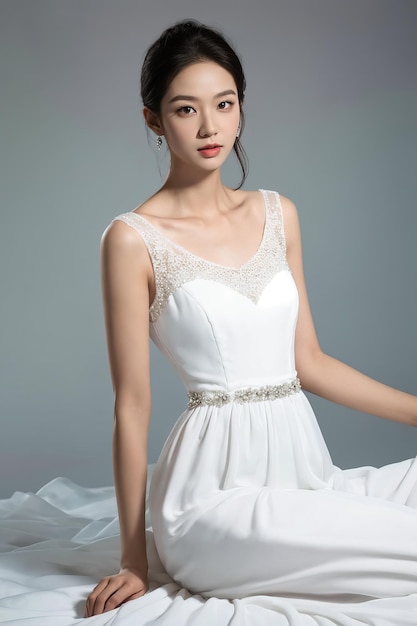 a model in a white dress with a silver belt.