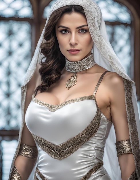 Photo a model in a white dress with a veil on it