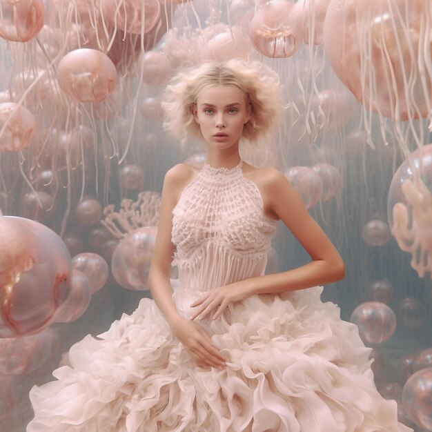 a model in a white dress with a white dress and pink balloons.