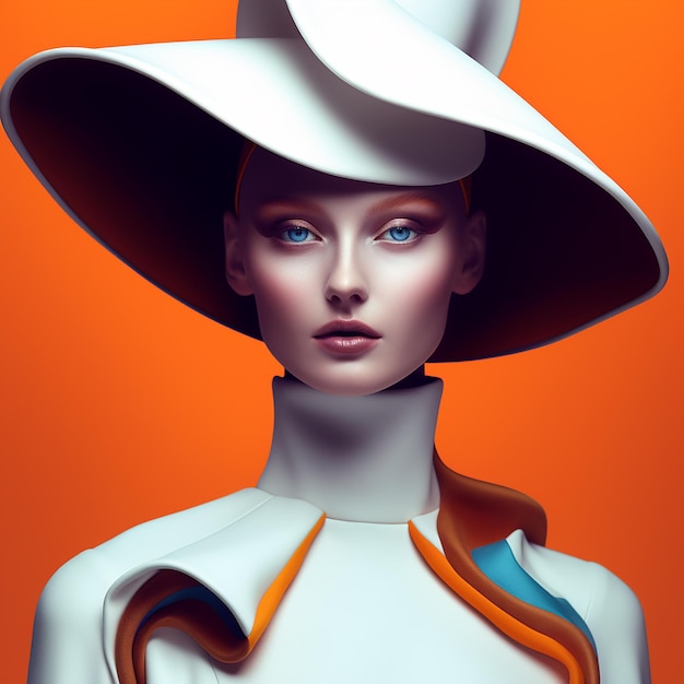 a model in a white hat with a blue eye.