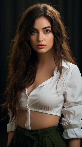 Model in white shirt with long hair and a white shirt