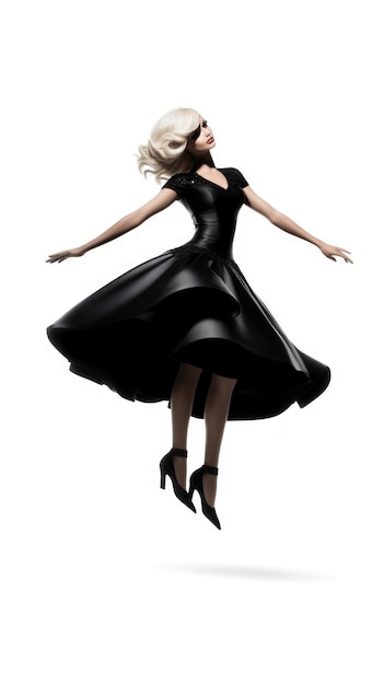 A model with a black dress and high heels is jumping in the air.