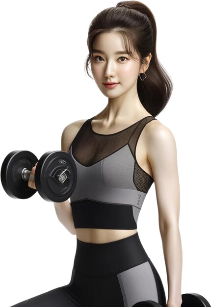 a model with a black and grey tank top and a black skirt holding dumbbells