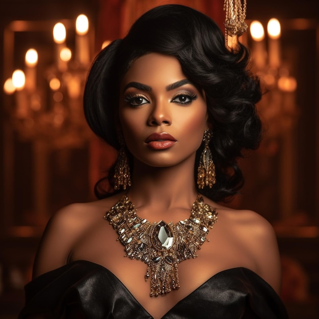 A model with a black hair and a gold necklace is standing in front of a large chandelier.