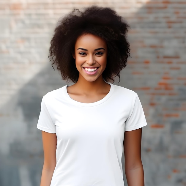 Model with blank white tshirt brunette front view smilling to camera