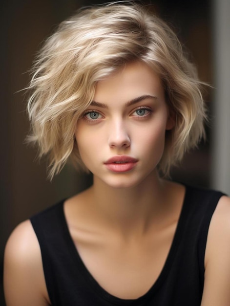 a model with blonde hair and a black top with a short haircut.