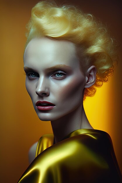 a model with blonde hair and a gold top is shown in a picture