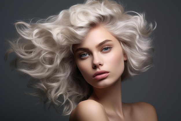 a model with blonde hair and a gray background.