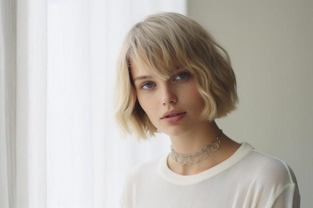 a model with blonde hair and a necklace