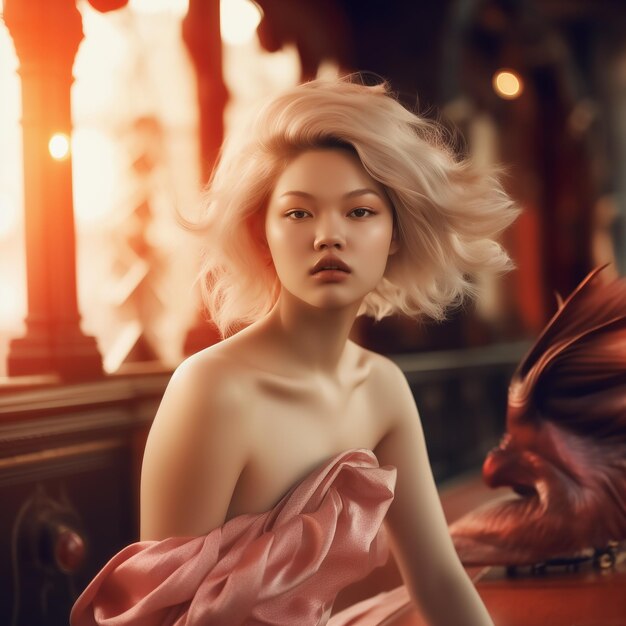 a model with blonde hair and a pink dress is sitting in front of a mirror