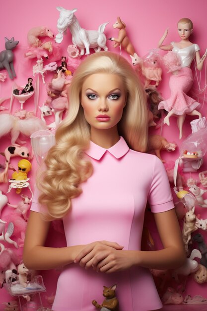 A model with blonde hair and a pink shirt with a pink shirt on the front.