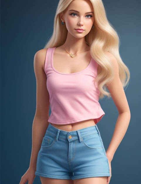 a model with blonde hair and a pink top