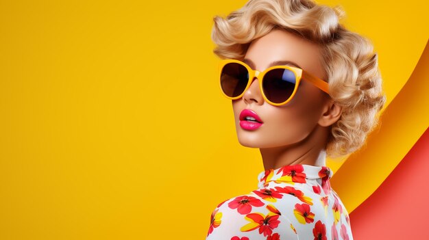 A model with blonde hair wearing a pair of sunglasses