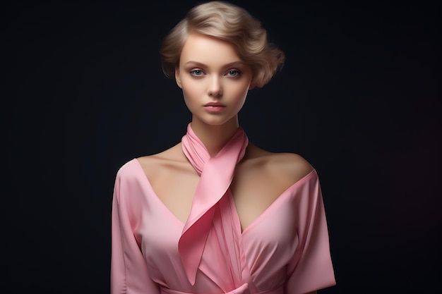 a model with blonde hair wearing a pink dress