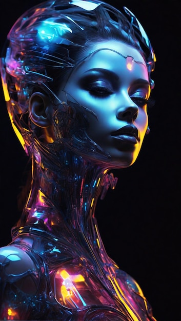 A model with a blue glow on her face and phantasmagorical figure digital art photo realistic