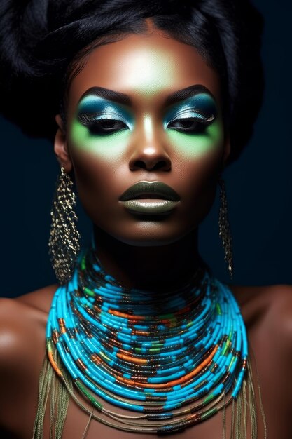 A model with a blue and green make up and blue eyeshadow.