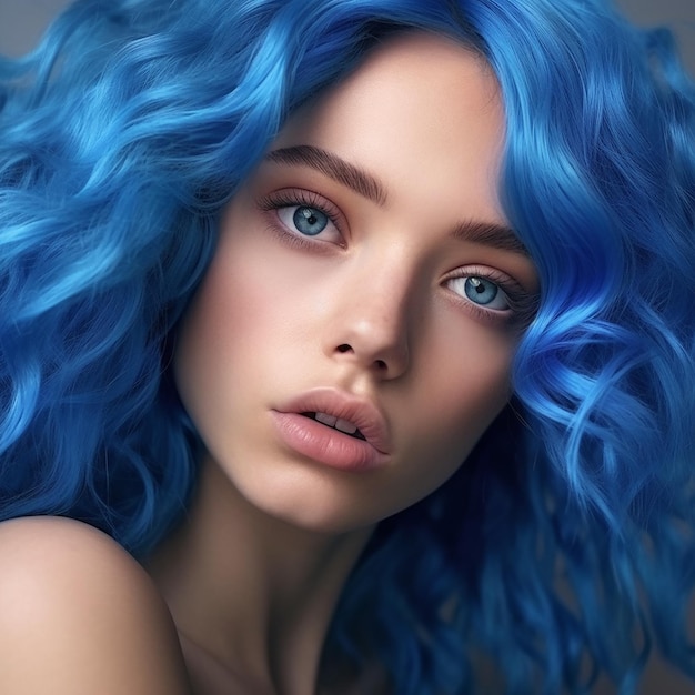 Photo a model with blue hair and a blue wig with a red lip.