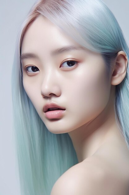 a model with blue hair and a white hair