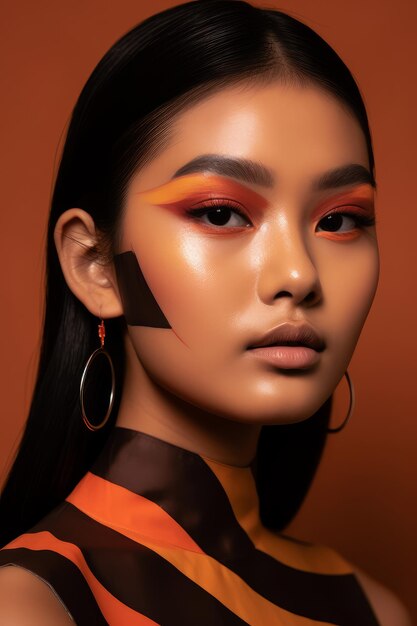 A model with a bold orange and black makeup
