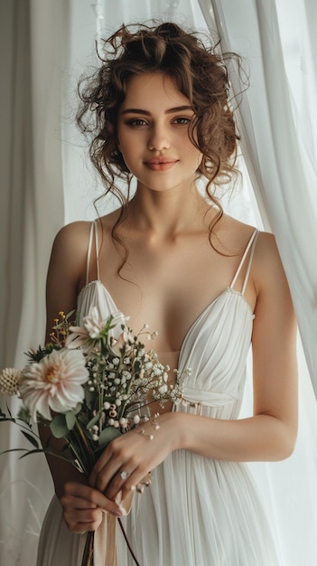 a model with a bouquet of flowers in her hand