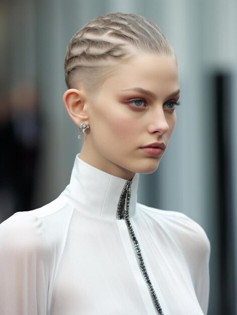 a model with braided hair looks into the camera with a braided braid.