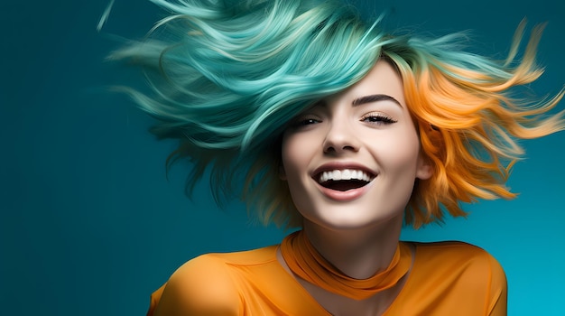 A model with a bright turquoise bob bringing a pop of color and playfulness