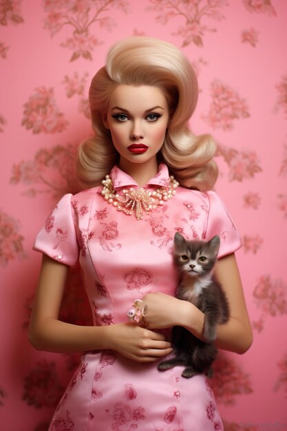 Photo a model with a cat and a kitten on her arm