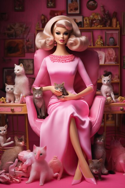 Photo a model with a cat and kittens on the shelf