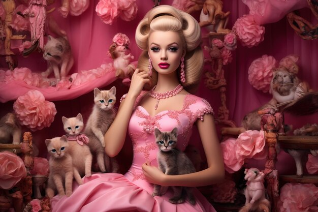 Foto una modella con un gatto in un vestito rosa e un gatto.