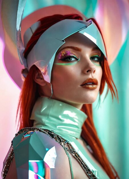 a model with a colorful hair and a hat on it