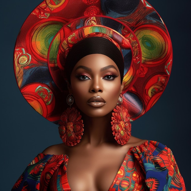 A model with a colorful hat and a large red flower on her head.