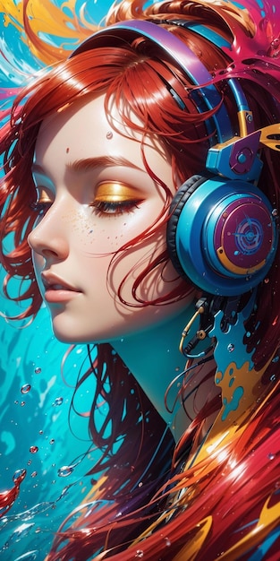 a model with a colorful headpiece and headphones.