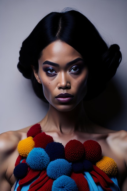Photo a model with a colorful pom pom pom pom on her head.