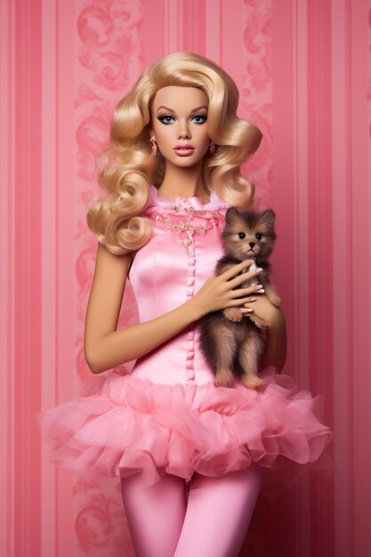Foto una modella con un cane in un vestito rosa e un piccolo cane.
