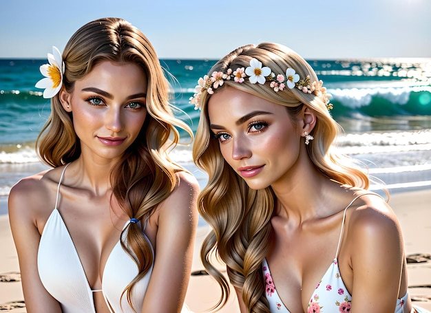 A model with a flower crown on her head is shown