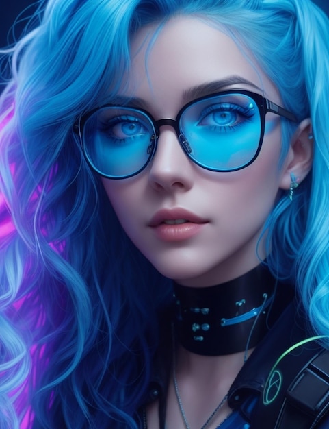 a model with glasses and a blue hair