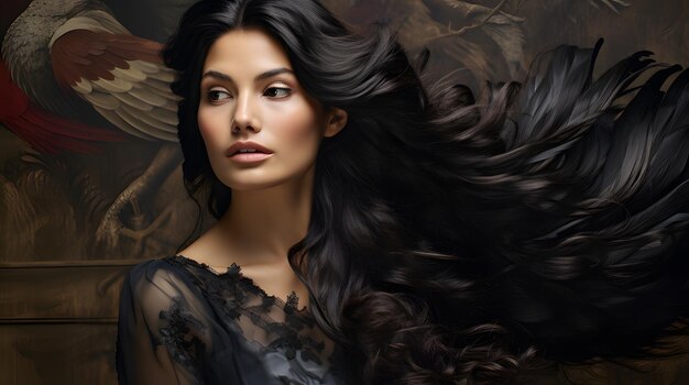 A model with a glossy raven black mane in an elegant flowing style showcasing classic beauty