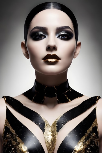 A model with a gold and black dress and black and gold accents