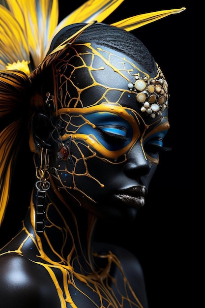 Photo a model with gold and black paint and a black and gold mask