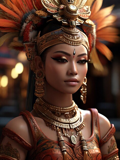 a model with a gold headdress and a feathered headdress