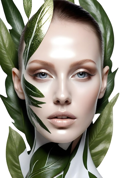 a model with a green leaf that says