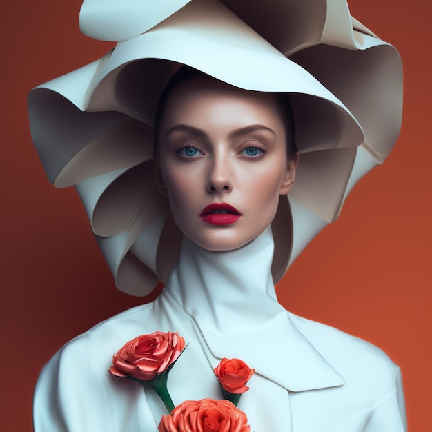 A model with a hat and a flower in front of her head.