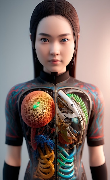 A model with a human body and a human body with a large image of a human body and a large orange ball.