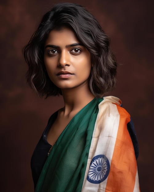 model with India flag on shoulder random solid background