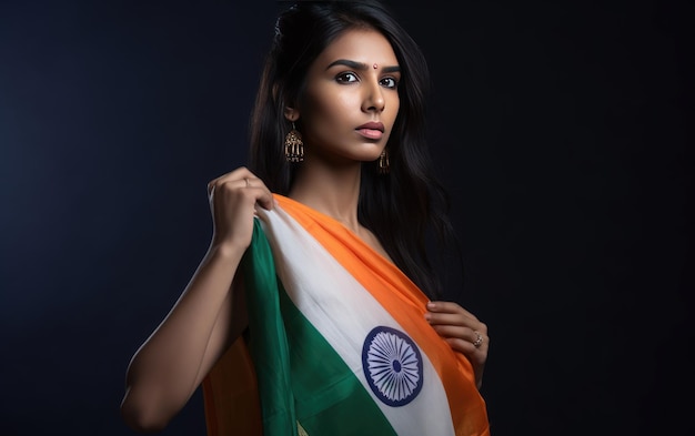 Model with india flag on shoulder random solid background