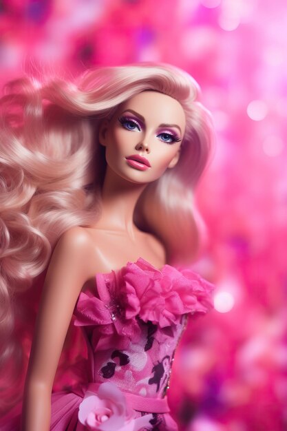 a model with long blonde hair and a pink dress with flowers on the bottom.