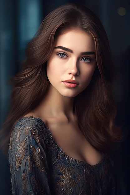 A model with long brown hair and a blue eye