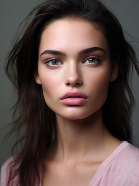 a model with long brown hair and a pink shirt