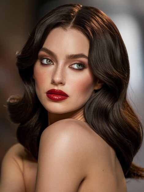 a model with long brown hair and a red lip is posing with a model wearing a gold colored eyeliner