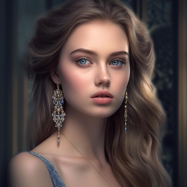 A model with long hair and a blue eyes and a blue dress with gold earrings